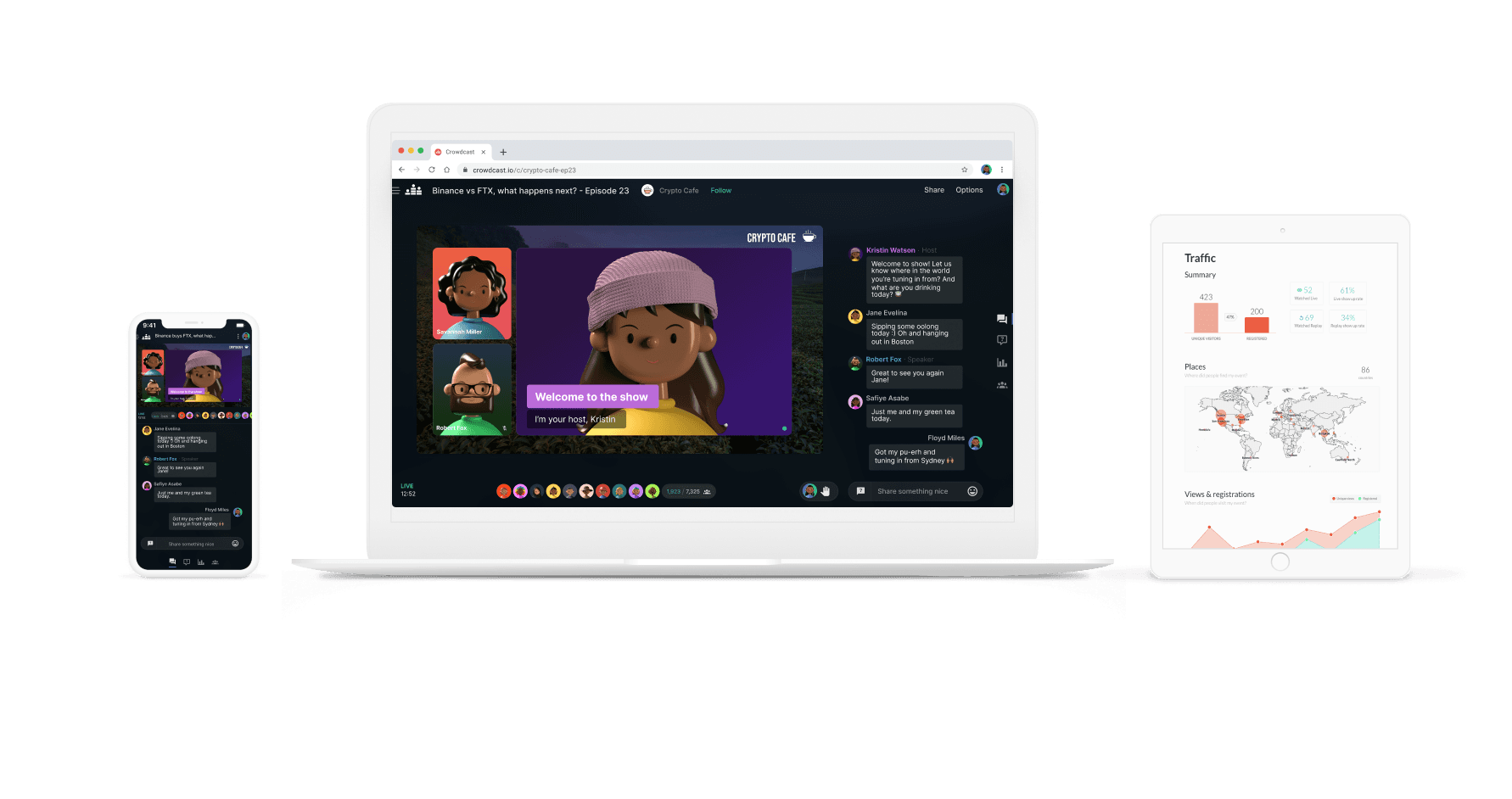 Image of crowdcast stage on a phone and computer, and analytics page on a tablet