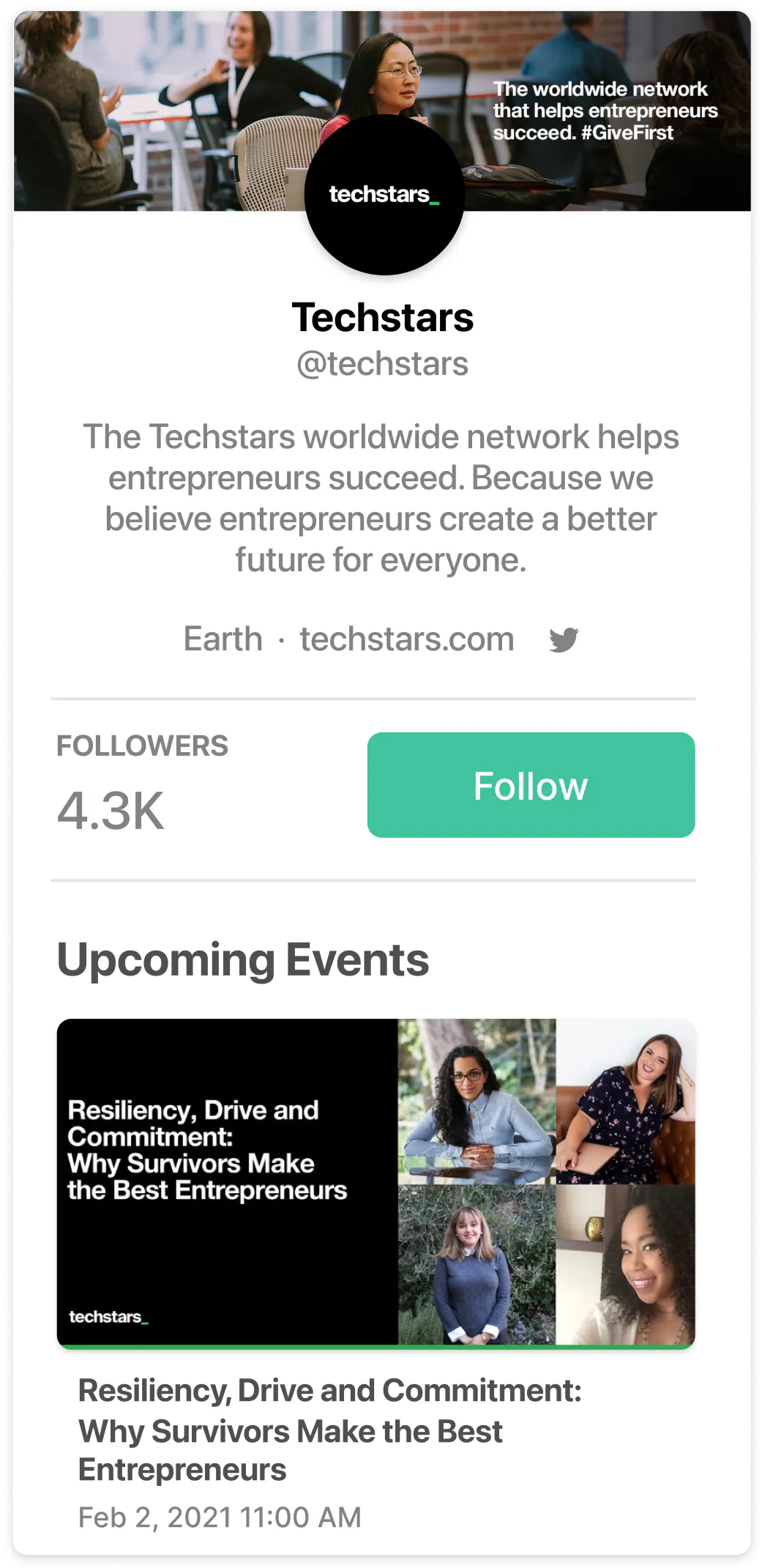Techstars example channel page