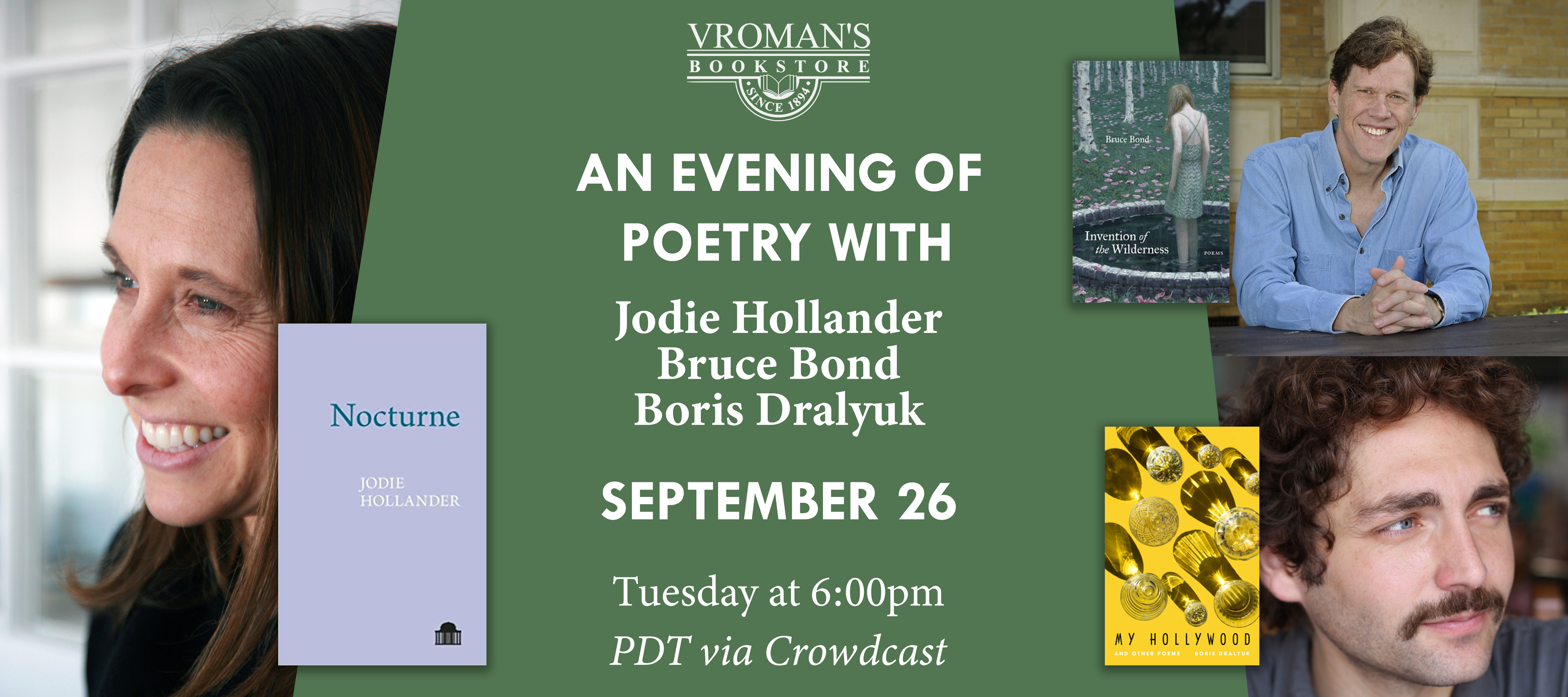 Vroman’s Live presents An Evening of Poetry with Jodie Hollander, Bruce Bond, and Boris Dralyuk event cover photo